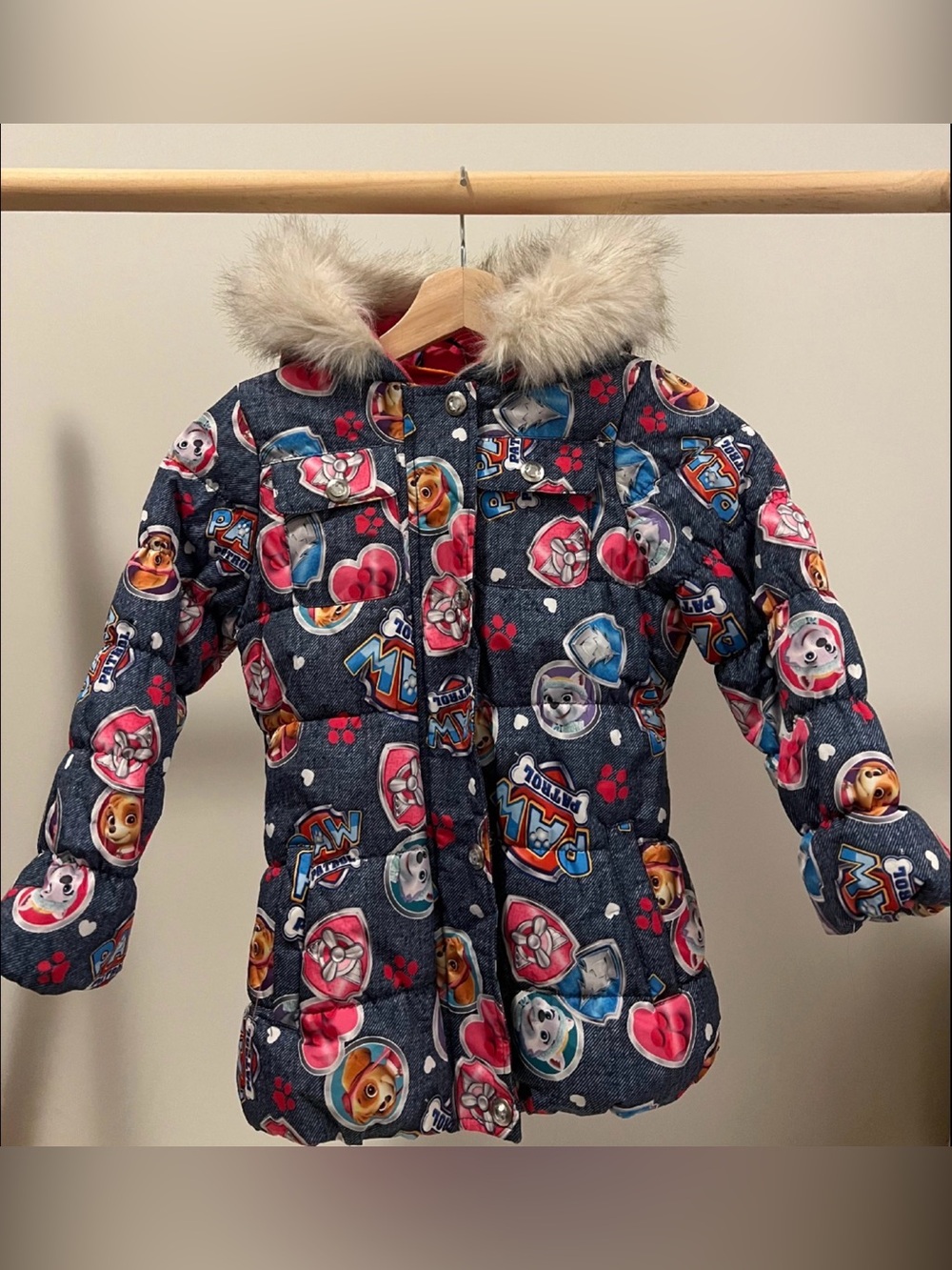 Nickelodeon Navy Paw Patrol Puffer Jacket with Faux Fur Hood Size 5